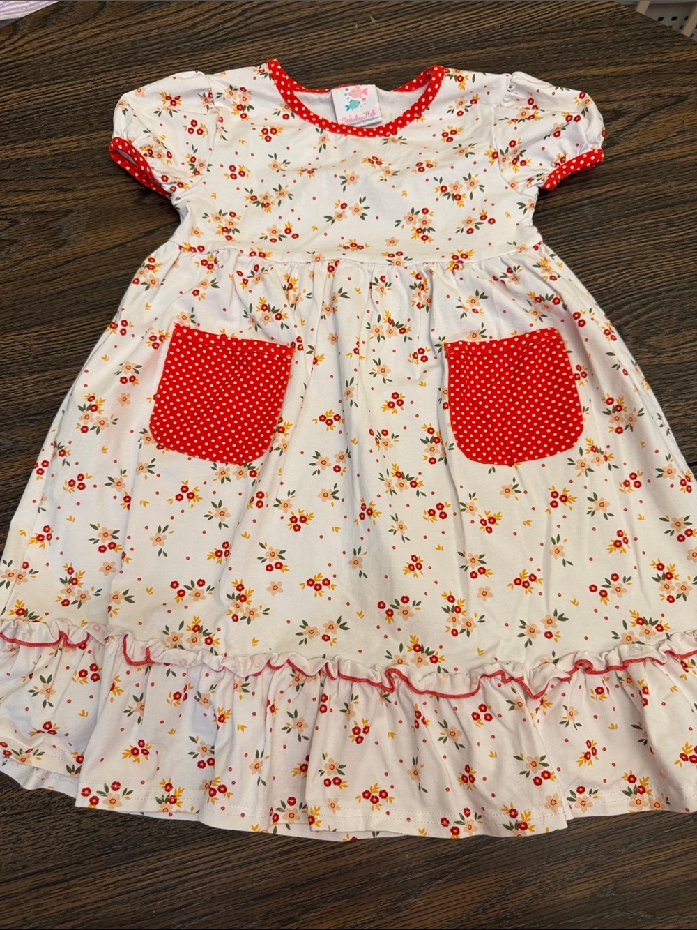 Stitchy Fish 5 Girls White Floral Dress with Red Pocket Accents